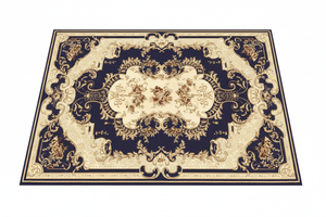 Tapis de Salon Oriental Bleu Marine et Or — Motif Médaillon Baroque — Grand Tapis Antidérapant