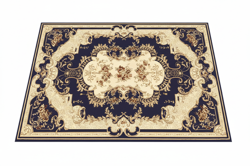 Tapis de Salon Oriental Bleu Marine et Or — Motif Médaillon Baroque — Grand Tapis Antidérapant