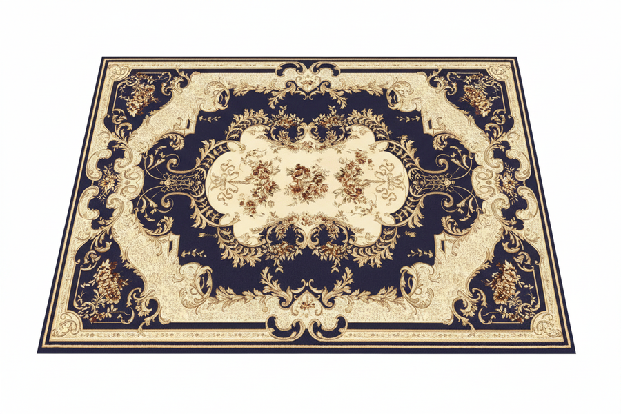 Tapis de Salon Oriental Bleu Marine et Or — Motif Médaillon Baroque — Grand Tapis Antidérapant