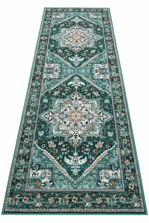 Tapis de Cuisine Oriental Long Vert Émeraude — Motif Médaillon Vintage — Tapis Antidérapant