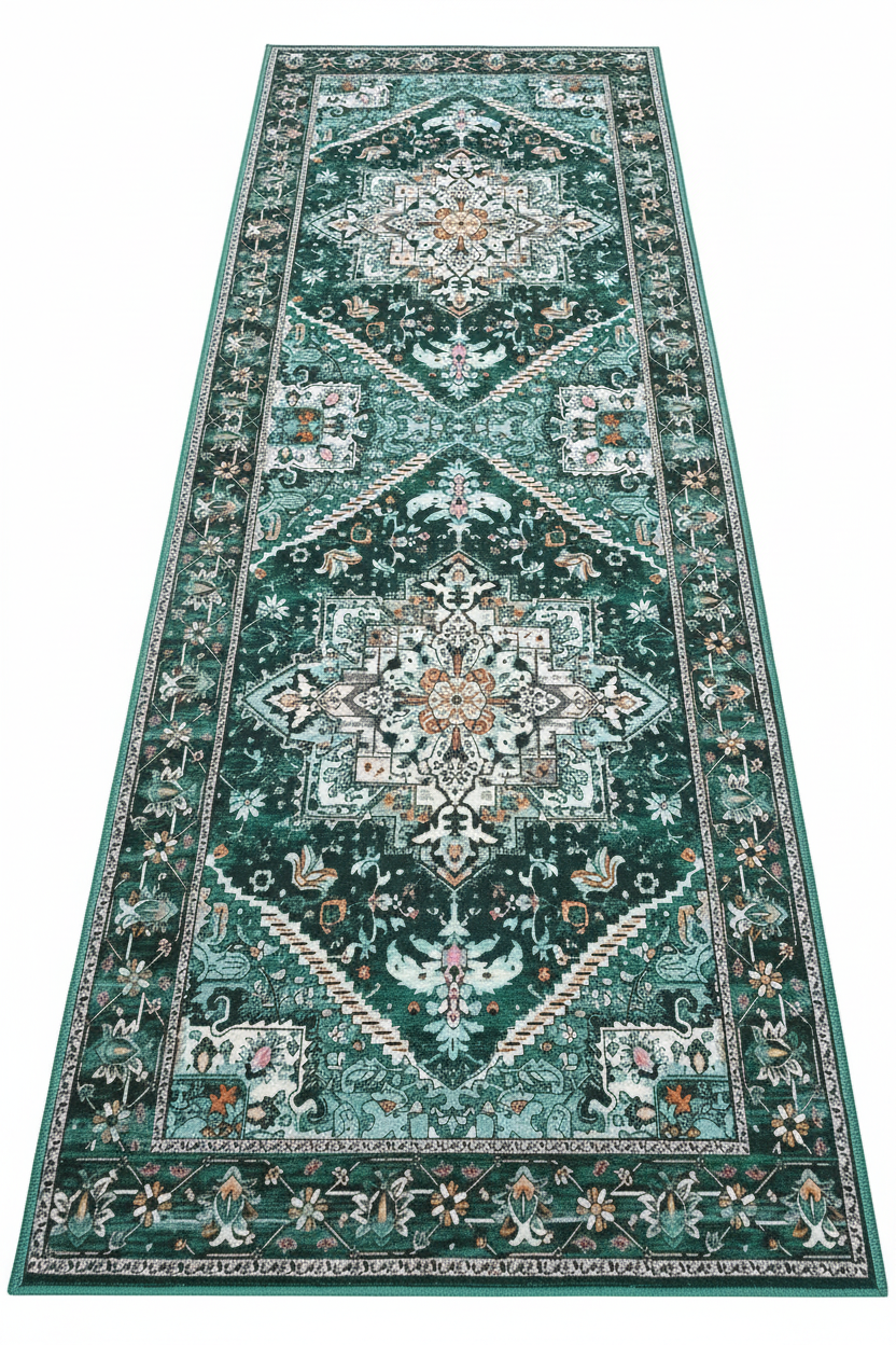Tapis de Cuisine Oriental Long Vert Émeraude — Motif Médaillon Vintage — Tapis Antidérapant