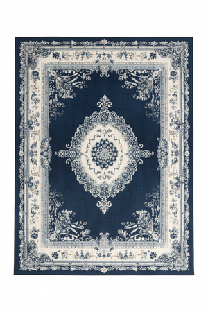 Tapis de Salon Oriental Bleu Marine — Motif Médaillon Floral Vintage — Grand Tapis Antidérapant