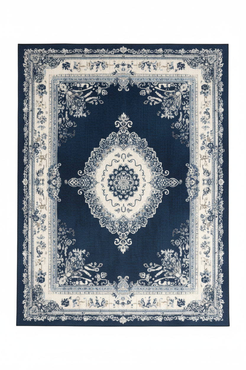 Tapis de Salon Oriental Bleu Marine — Motif Médaillon Floral Vintage — Grand Tapis Antidérapant