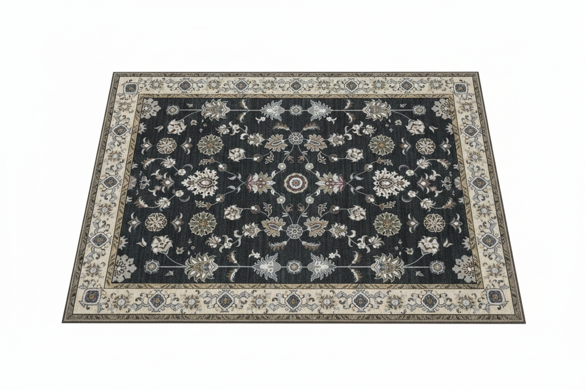 Tapis d'Entrée Oriental Bleu Nuit et Ivoire — Motif Floral Vintage — Tapis d'Entrée Antidérapant