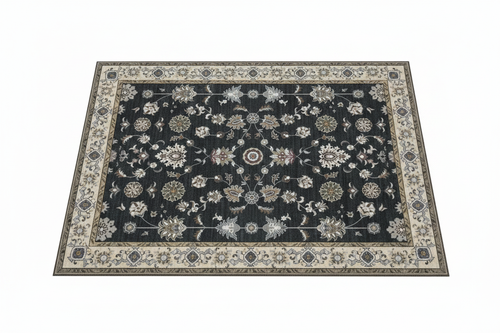 Tapis d'Entrée Oriental Bleu Nuit et Ivoire — Motif Floral Vintage — Tapis d'Entrée Antidérapant