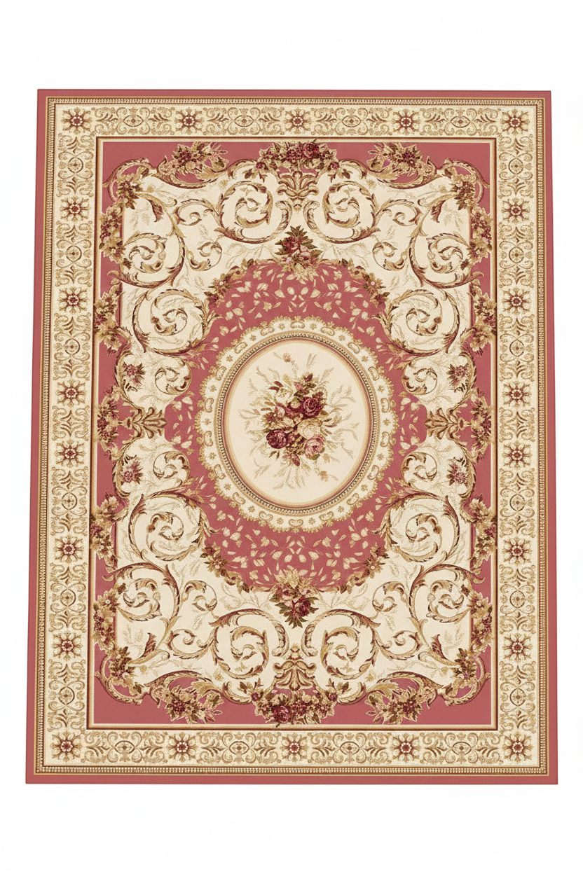 Tapis de Salon Oriental Rose et Crème — Motif Médaillon Floral Romantique — Grand Tapis Antidérapant
