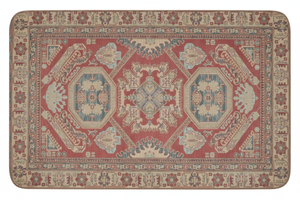Tapis de Bain Oriental Rouge Corail et Bleu — Motif Médaillon Ethnique — Tapis de Salle de Bain Antidérapant