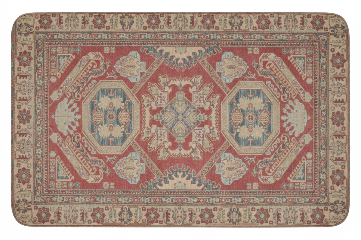 Tapis de Bain Oriental Rouge Corail et Bleu — Motif Médaillon Ethnique — Tapis de Salle de Bain Antidérapant