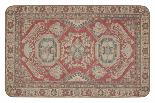 Tapis de Bain Oriental Rouge Corail et Bleu — Motif Médaillon Ethnique — Tapis de Salle de Bain Antidérapant