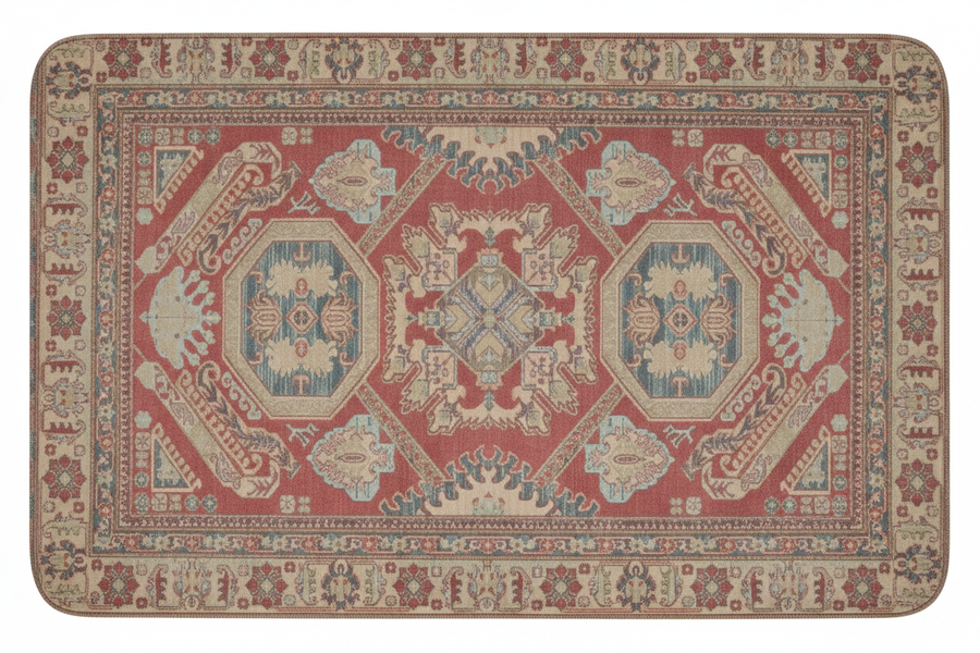 Tapis de Bain Oriental Rouge Corail et Bleu — Motif Médaillon Ethnique — Tapis de Salle de Bain Antidérapant