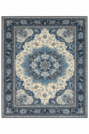 Tapis de Salon Oriental Bleu et Crème — Motif Médaillon Floral Bohème — Grand Tapis Antidérapant