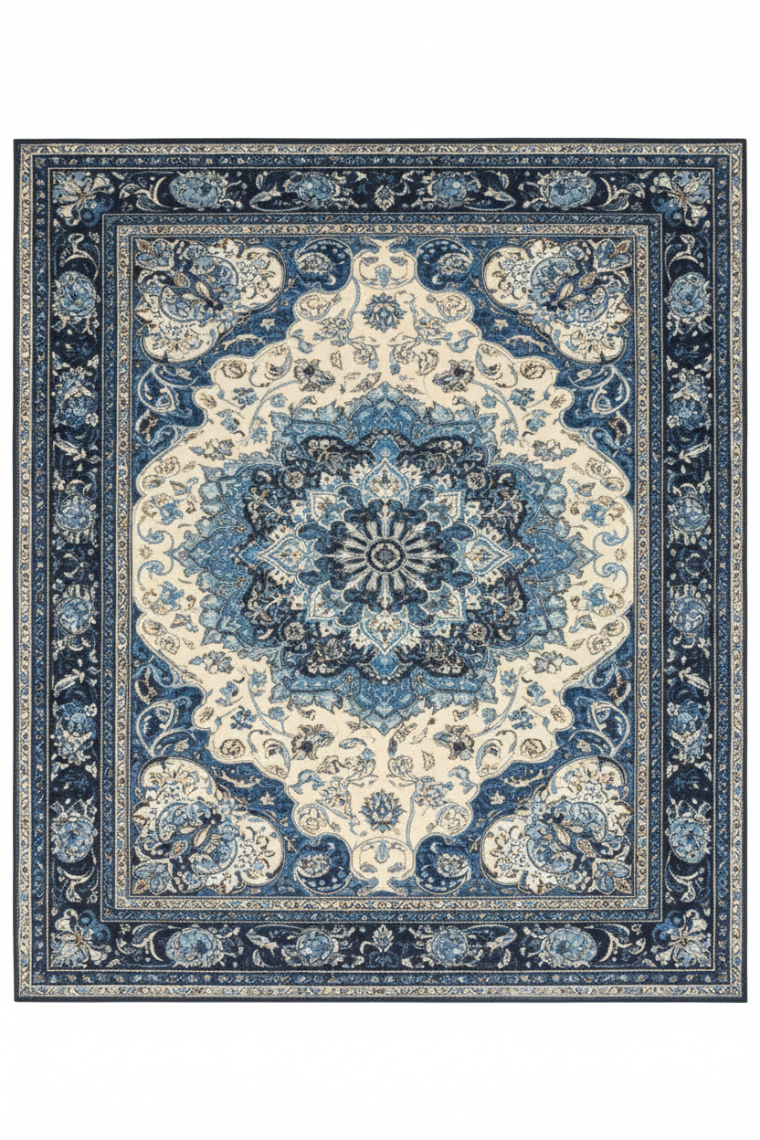 Tapis de Salon Oriental Bleu et Crème — Motif Médaillon Floral Bohème — Grand Tapis Antidérapant
