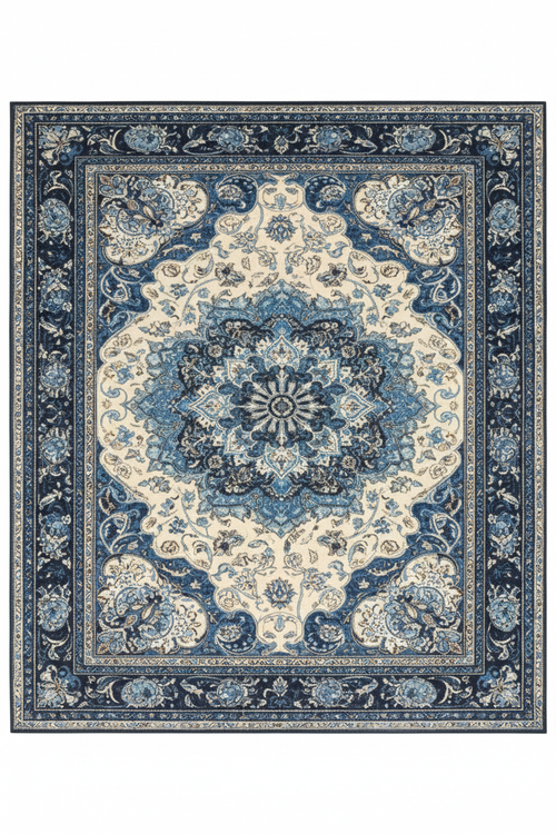 Tapis de Salon Oriental Bleu et Crème — Motif Médaillon Floral Bohème — Grand Tapis Antidérapant