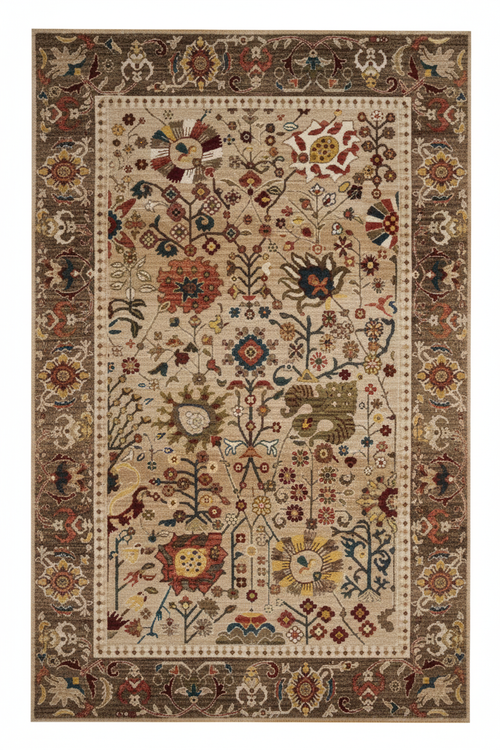 Tapis de Salon Oriental Beige et Multicolore — Motif Floral Tribal Vintage — Grand Tapis Antidérapant