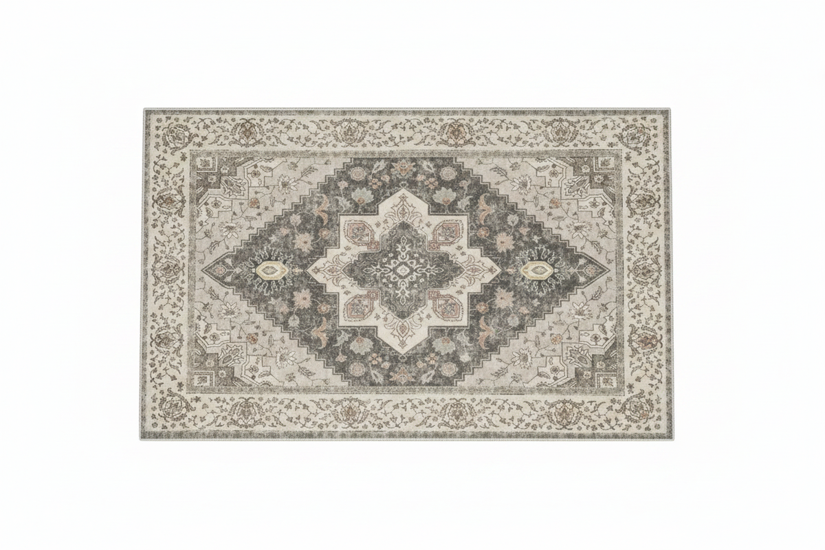 Tapis d'Entrée Oriental Gris et Ivoire — Motif Médaillon Étoilé Vintage — Tapis d'Entrée Antidérapant