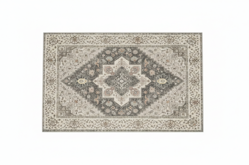 Tapis d'Entrée Oriental Gris et Ivoire — Motif Médaillon Étoilé Vintage — Tapis d'Entrée Antidérapant