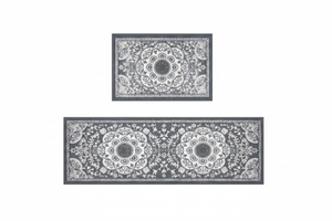 Tapis de Cuisine Oriental Gris — Set 2 Pièces Motif Médaillon Floral — Tapis Antidérapant
