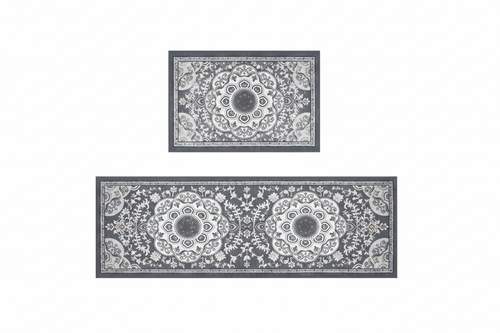 Tapis de Cuisine Oriental Gris — Set 2 Pièces Motif Médaillon Floral — Tapis Antidérapant
