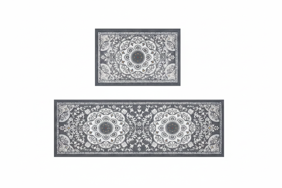 Tapis de Cuisine Oriental Gris — Set 2 Pièces Motif Médaillon Floral — Tapis Antidérapant