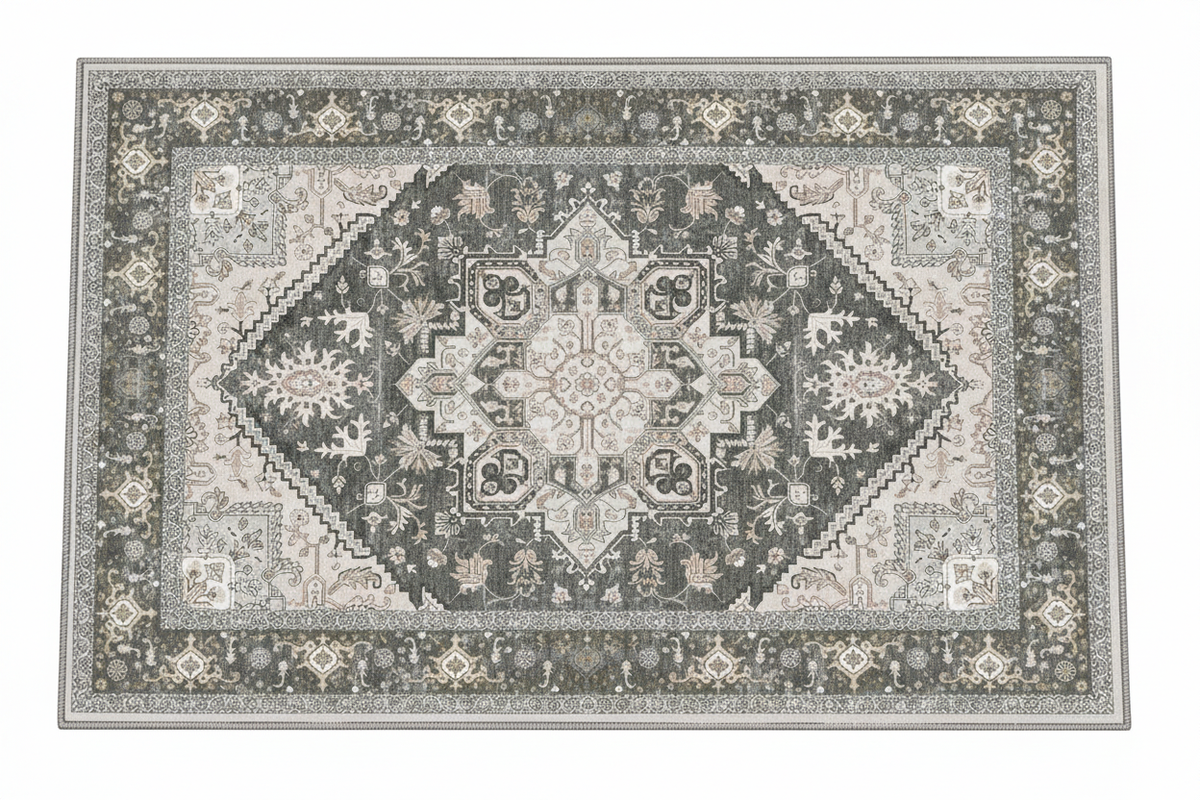 Tapis d'Entrée Oriental Gris et Ivoire — Motif Géométrique Boho Ethnique — Tapis Antidérapant