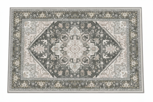 Tapis d'Entrée Oriental Gris et Ivoire — Motif Géométrique Boho Ethnique — Tapis Antidérapant