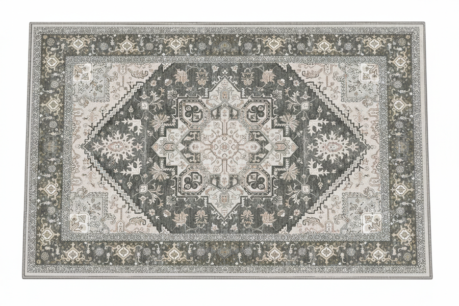Tapis d'Entrée Oriental Gris et Ivoire — Motif Géométrique Boho Ethnique — Tapis Antidérapant
