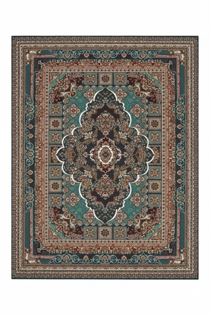 Tapis de Salon Oriental Bleu Canard et Brun — Motif Médaillon Ethnique — Grand Tapis Antidérapant