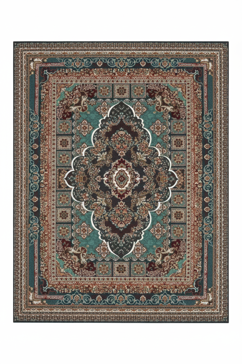 Tapis de Salon Oriental Bleu Canard et Brun — Motif Médaillon Ethnique — Grand Tapis Antidérapant