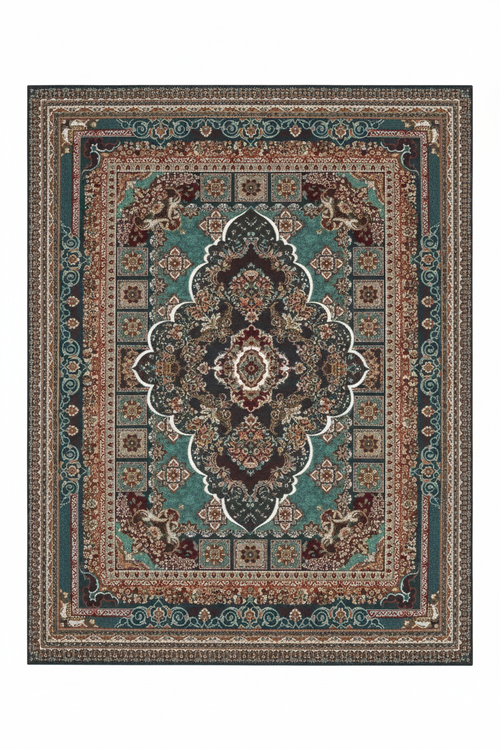 Tapis de Salon Oriental Bleu Canard et Brun — Motif Médaillon Ethnique — Grand Tapis Antidérapant