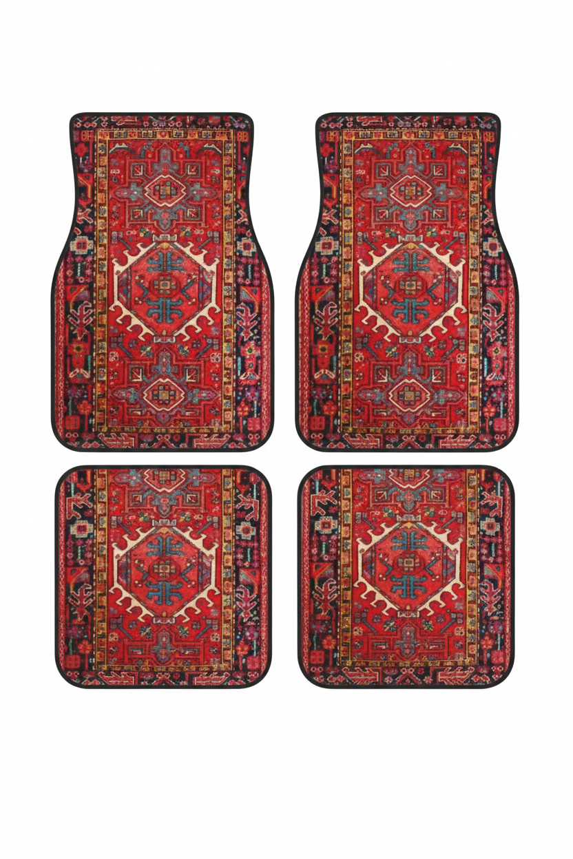 Tapis de Voiture Oriental Rouge — Lot de 4 Tapis Motif Tribal Ethnique — Protection Sol Auto