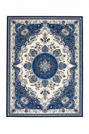 Tapis de Salon Oriental Bleu Marine et Crème — Motif Médaillon Floral Raffiné — Grand Tapis Antidérapant