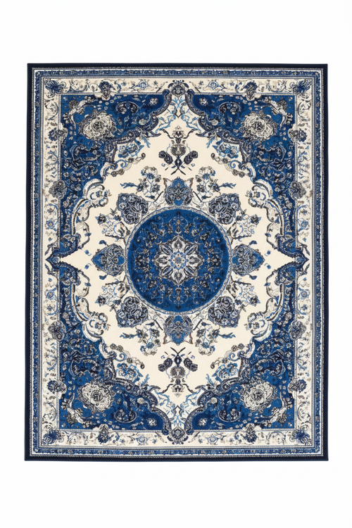 Tapis de Salon Oriental Bleu Marine et Crème — Motif Médaillon Floral Raffiné — Grand Tapis Antidérapant