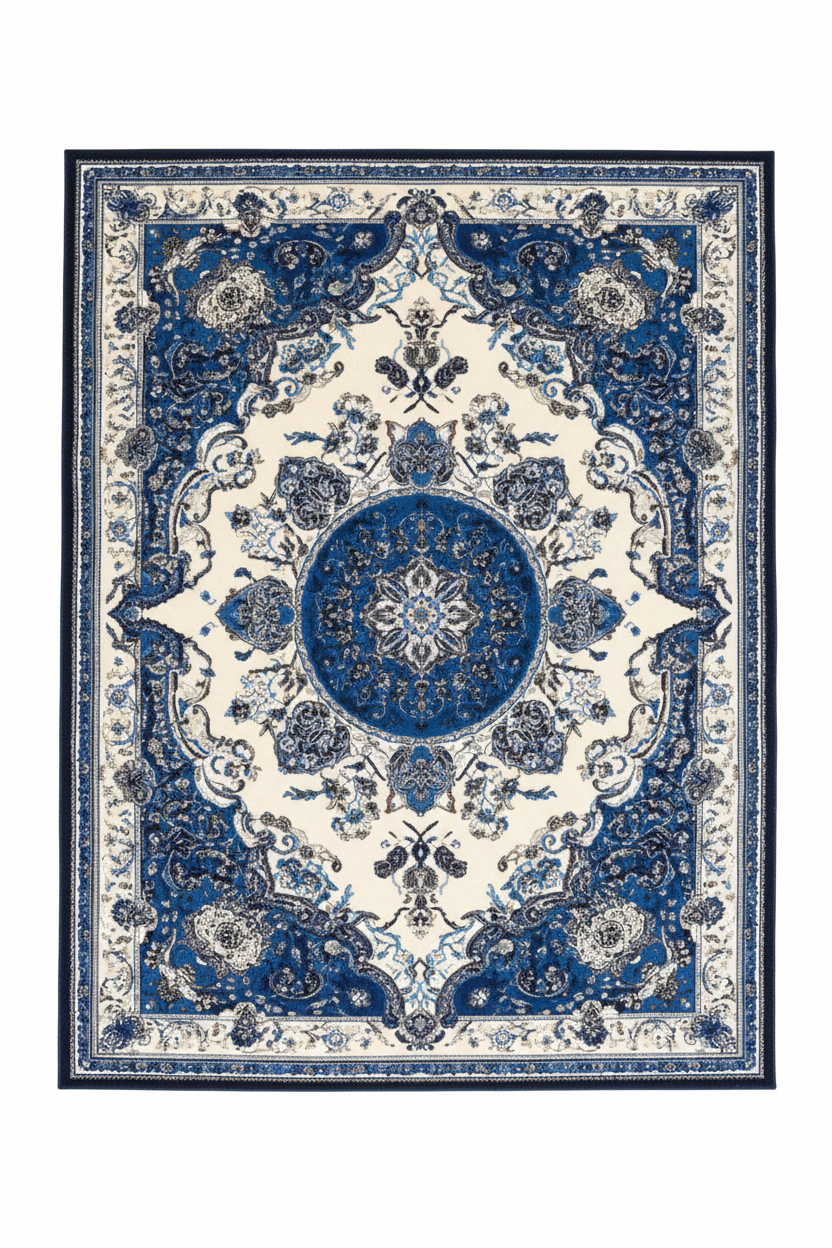 Tapis de Salon Oriental Bleu Marine et Crème — Motif Médaillon Floral Raffiné — Grand Tapis Antidérapant