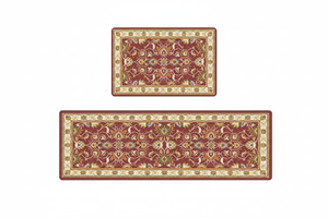 Tapis de Cuisine Oriental Rouge et Doré — Set 2 Pièces Motif Floral Vintage — Tapis Antidérapant