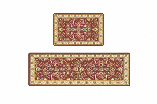 Tapis de Cuisine Oriental Rouge et Doré — Set 2 Pièces Motif Floral Vintage — Tapis Antidérapant