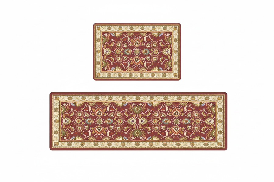 Tapis de Cuisine Oriental Rouge et Doré — Set 2 Pièces Motif Floral Vintage — Tapis Antidérapant