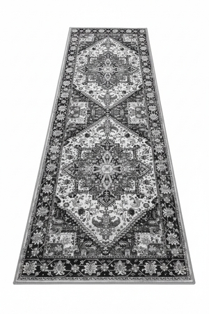 Tapis de Cuisine Oriental Long Gris et Blanc — Motif Médaillon Vintage — Tapis Antidérapant