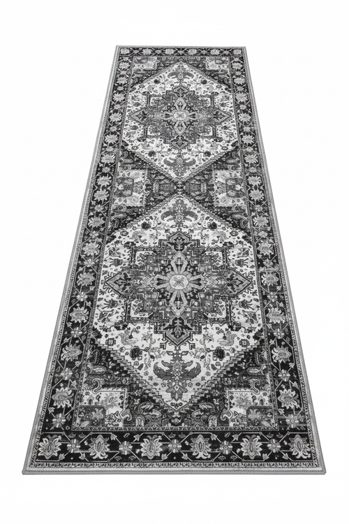 Tapis de Cuisine Oriental Long Gris et Blanc — Motif Médaillon Vintage — Tapis Antidérapant