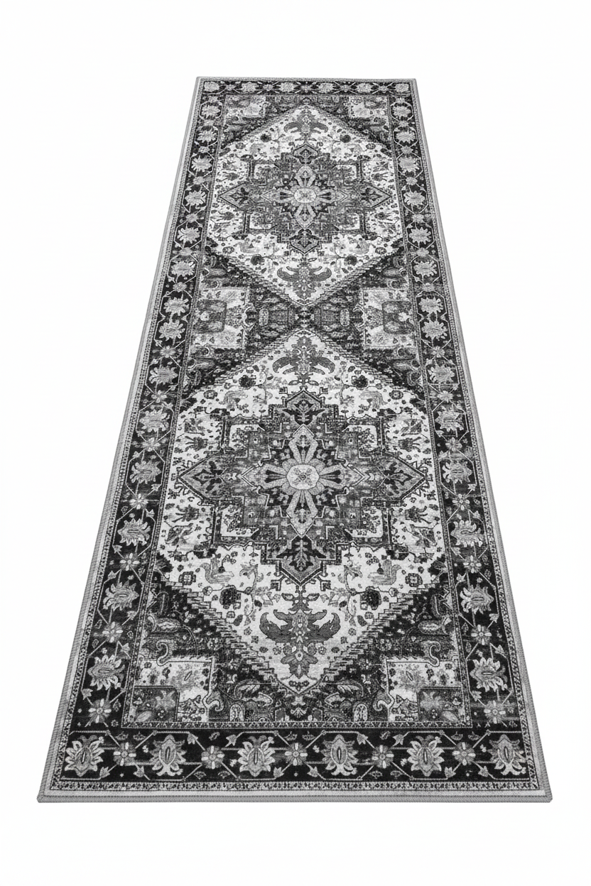 Tapis de Cuisine Oriental Long Gris et Blanc — Motif Médaillon Vintage — Tapis Antidérapant