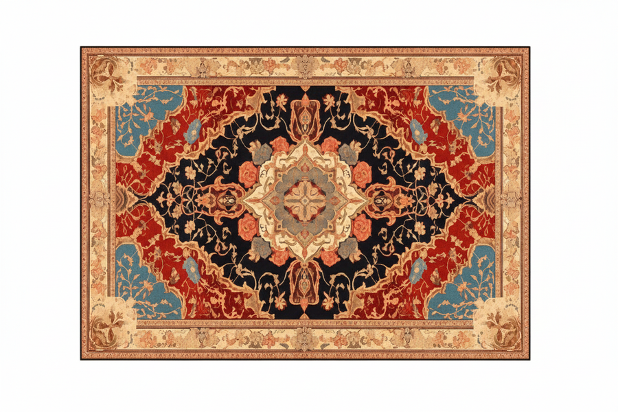 Tapis de Salon Oriental Rouge et Noir — Motif Médaillon Vintage — Grand Tapis Antidérapant