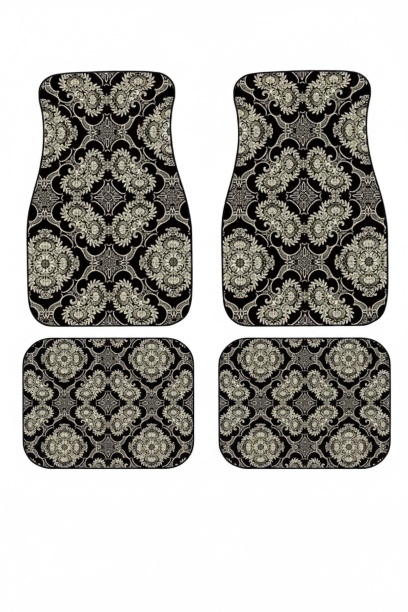 Tapis de Voiture Oriental Noir et Doré — Lot de 4 Tapis Motif Damassé — Protection Sol Auto