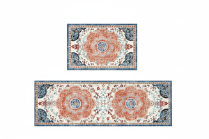Tapis de Cuisine Oriental Ivoire et Bleu — Set 2 Pièces Motif Rosace Florale — Tapis Antidérapant