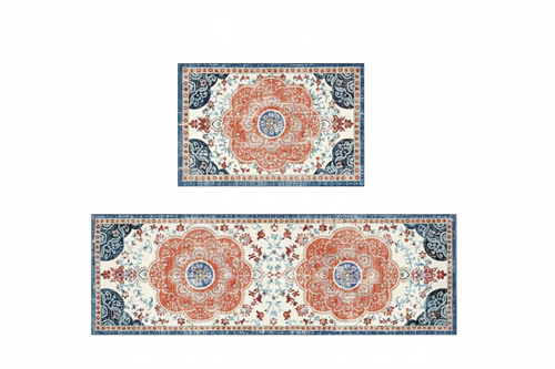 Tapis de Cuisine Oriental Ivoire et Bleu — Set 2 Pièces Motif Rosace Florale — Tapis Antidérapant