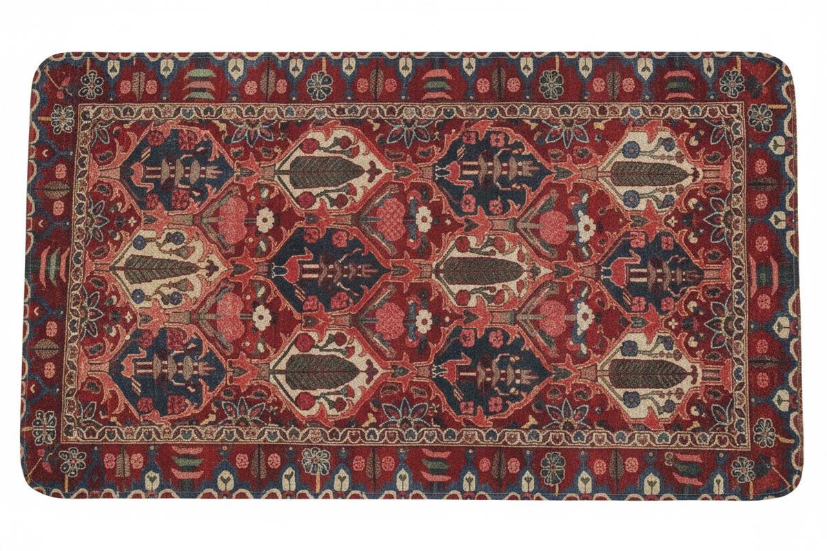 Tapis de Bain Oriental Rouge et Bleu Marine — Motif Géométrique Tribal — Tapis de Salle de Bain Antidérapant