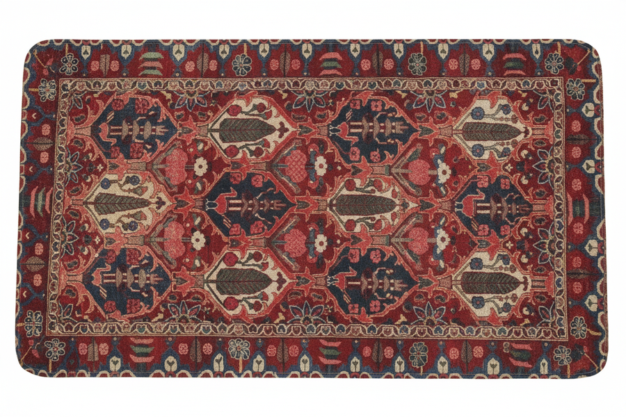 Tapis de Bain Oriental Rouge et Bleu Marine — Motif Géométrique Tribal — Tapis de Salle de Bain Antidérapant