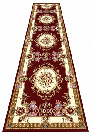 Tapis de Couloir Oriental Bordeaux et Ivoire — Motif Aubusson Fleuri — Tapis Long Antidérapant