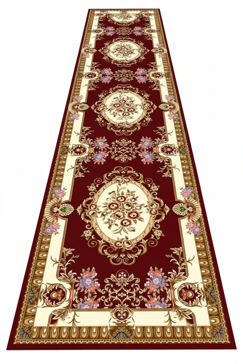 Tapis de Couloir Oriental Bordeaux et Ivoire — Motif Aubusson Fleuri — Tapis Long Antidérapant