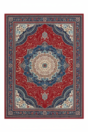 Tapis de Salon Oriental Rouge et Bleu Roi — Motif Médaillon Vintage — Grand Tapis Antidérapant