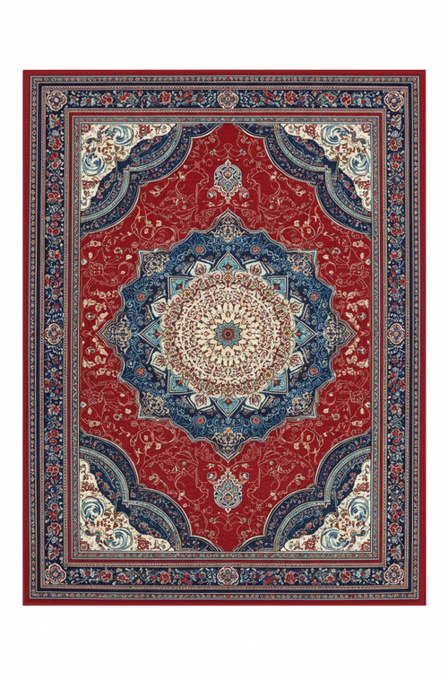 Tapis de Salon Oriental Rouge et Bleu Roi — Motif Médaillon Vintage — Grand Tapis Antidérapant