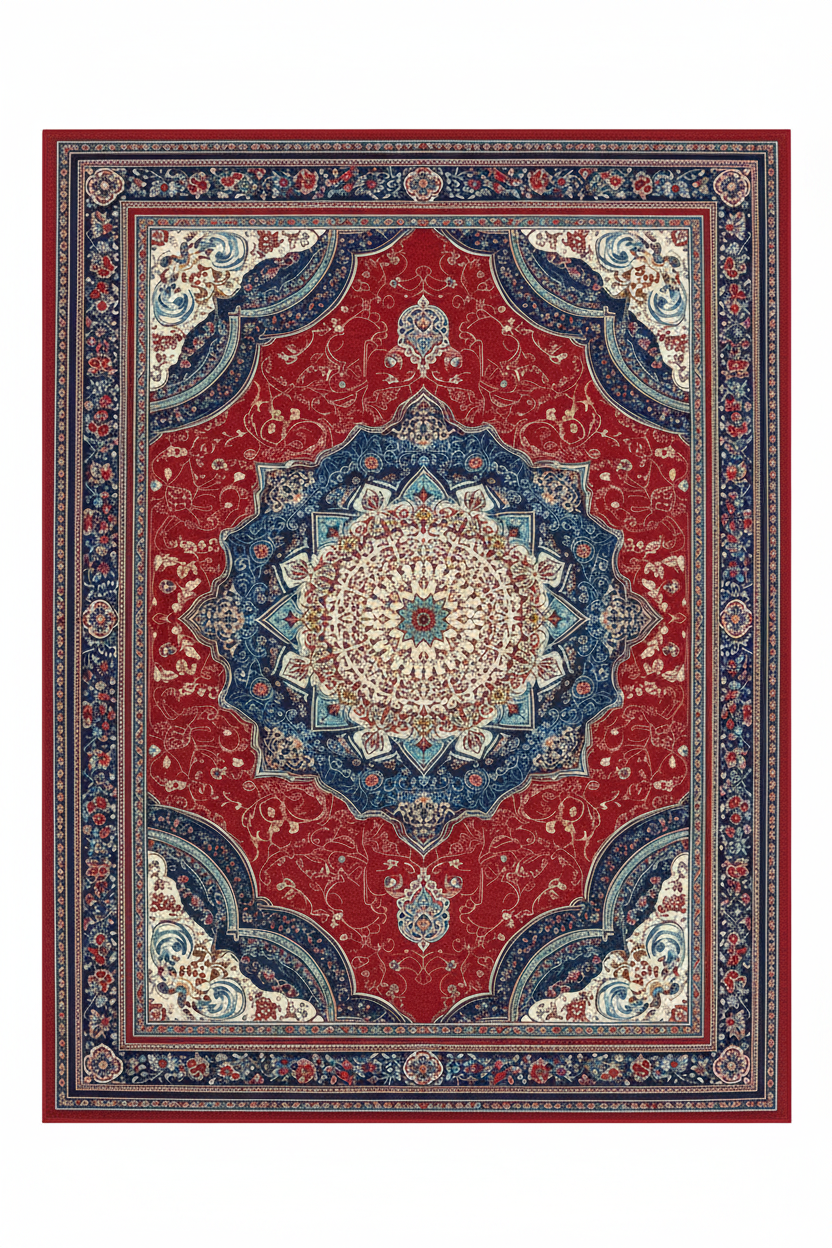Tapis de Salon Oriental Rouge et Bleu Roi — Motif Médaillon Vintage — Grand Tapis Antidérapant
